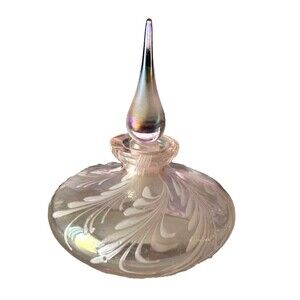 Vintage Pink Iridescent Perfume Bottle Tear Drop Stopper Dabber White Swirls